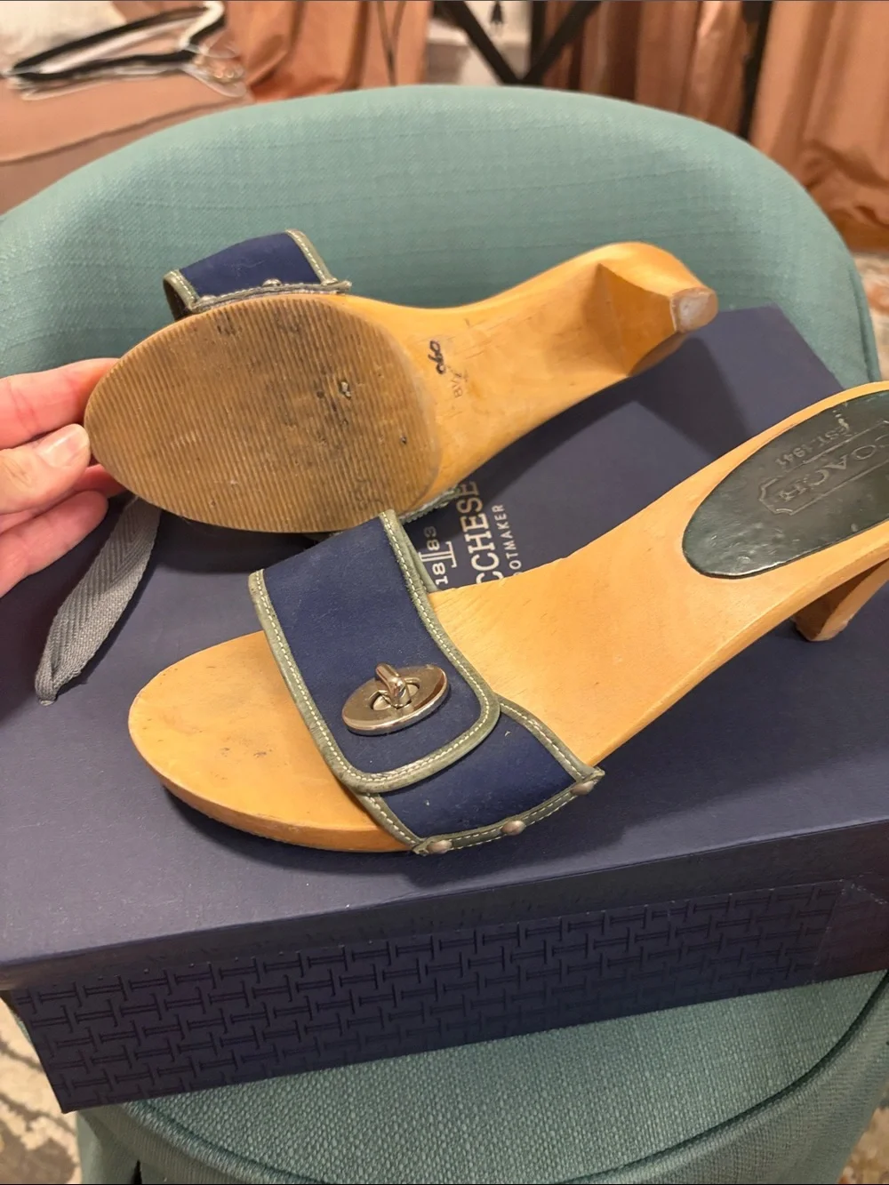 Coach Navy Blue Leather Wood-Soled Slide Mules with Silver Logo